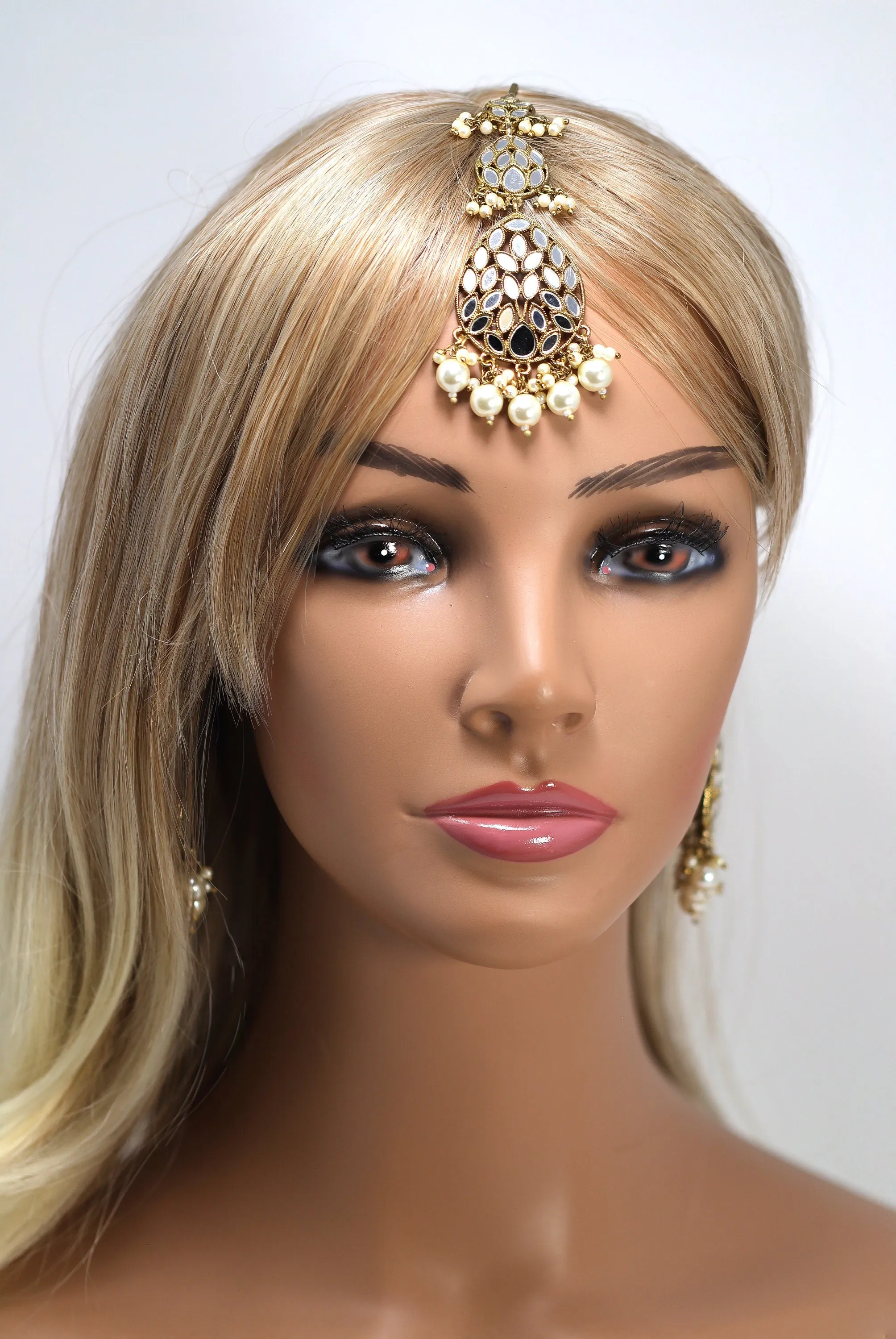 Chandelier Mirror Statement Earrings And Headpiece Set, Mirror Earrings, Indian Long Bridal Jewelry, Pearl Bridal Earrings