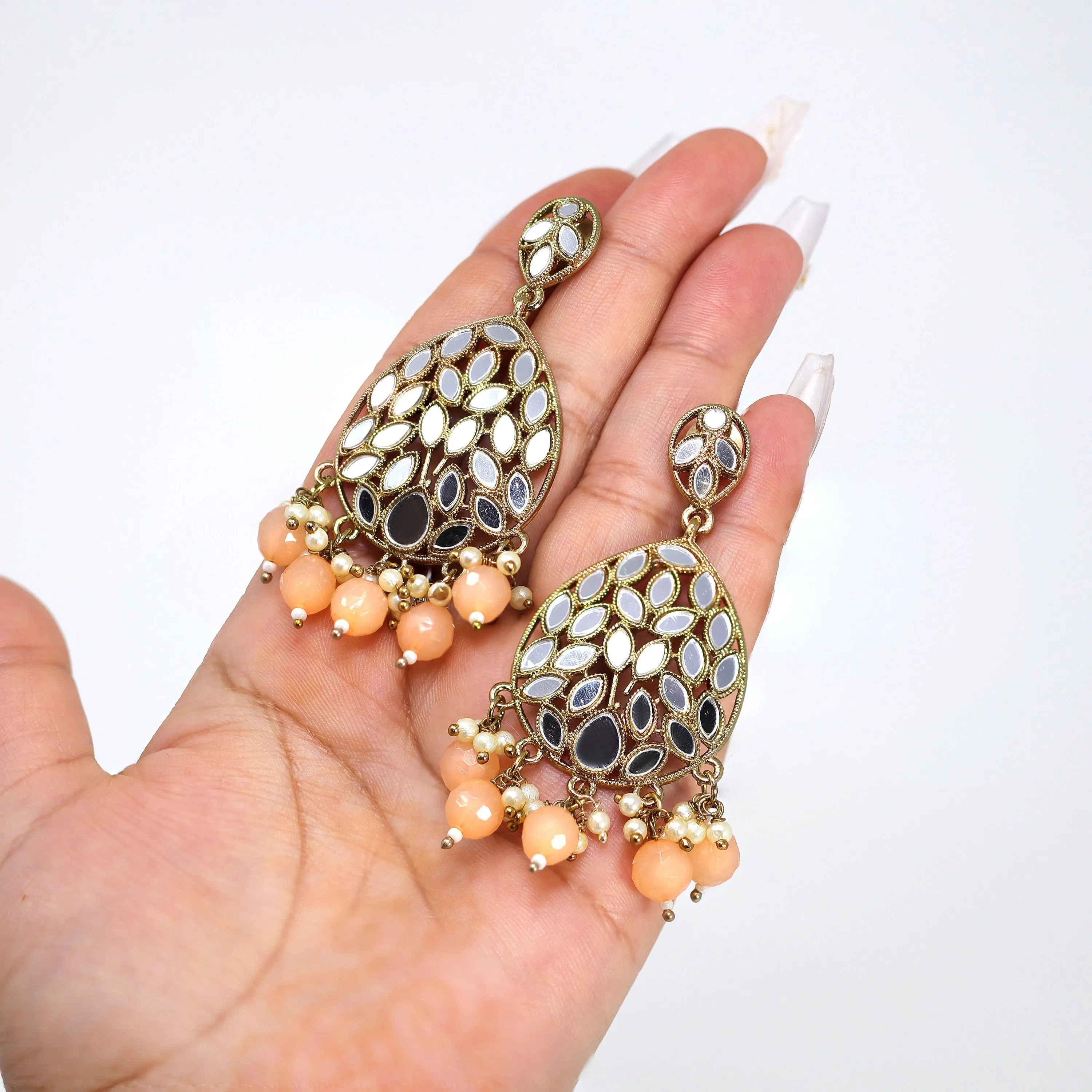Chandelier Mirror Statement Earrings And Headpiece Set, Mirror Earrings, Indian Long Bridal Jewelry, Pearl Bridal Earrings