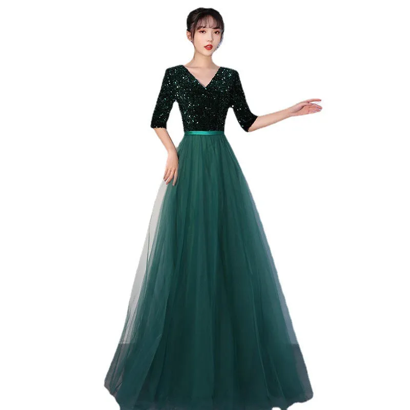 Chorus Dress Women's 2024 New Sequined Elegant Graceful Dress Women's Banquet Host Long Chorus Dress