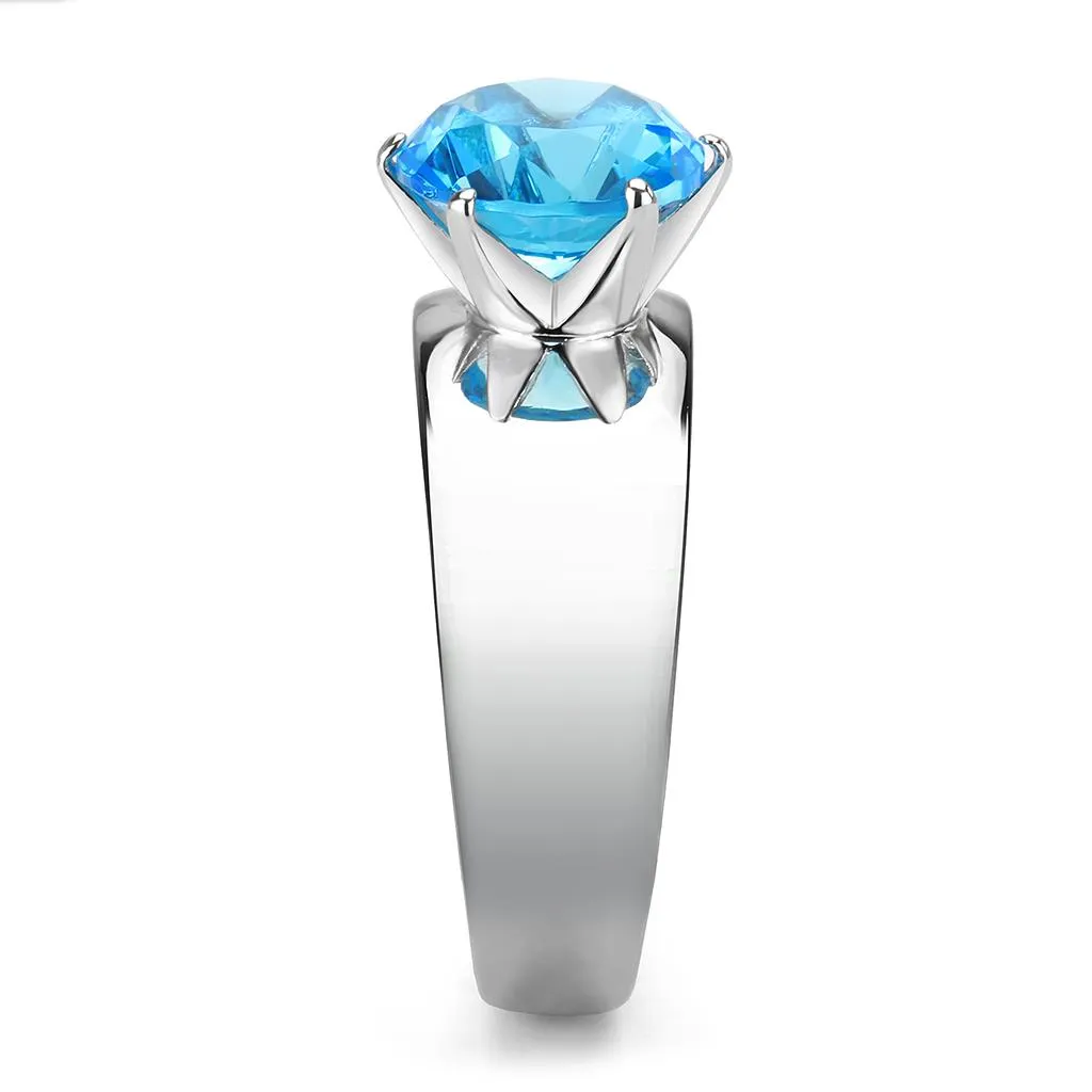 CJ52003 Wholesale Women's Stainless Steel Synthetic Sea Blue Round Solitaire Ring