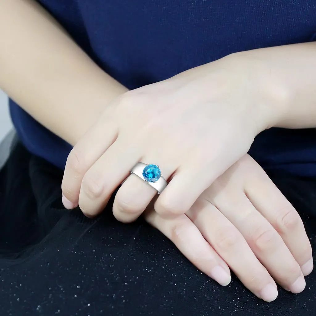 CJ52003 Wholesale Women's Stainless Steel Synthetic Sea Blue Round Solitaire Ring