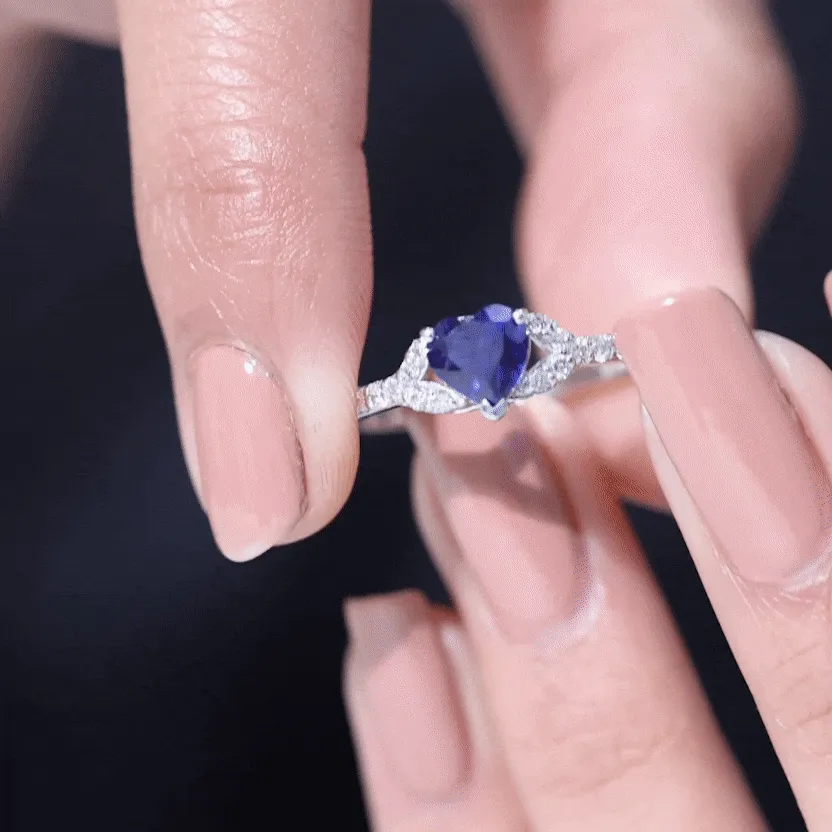 Created Blue Sapphire Heart Engagement Ring With Diamond Accent