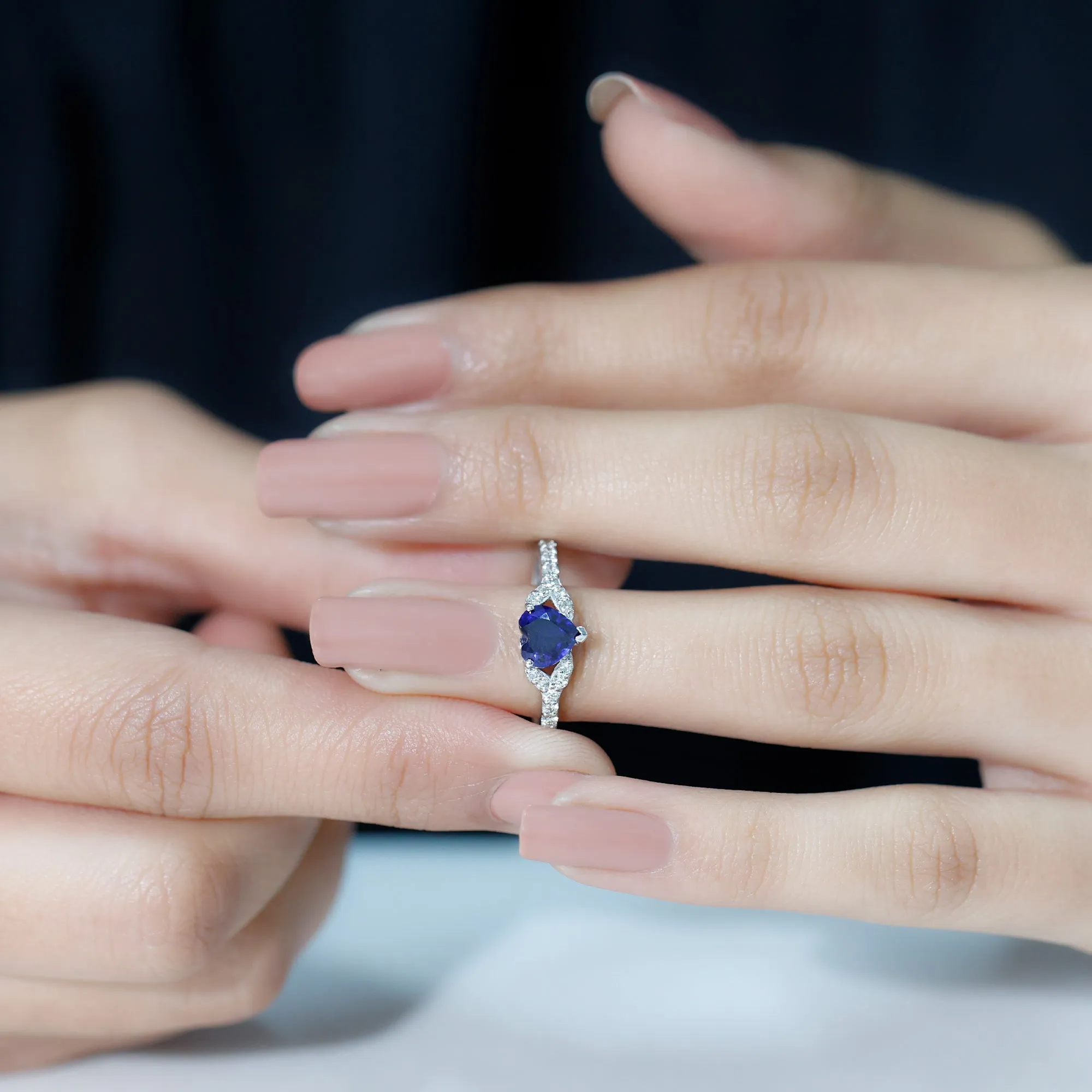 Created Blue Sapphire Heart Engagement Ring With Diamond Accent