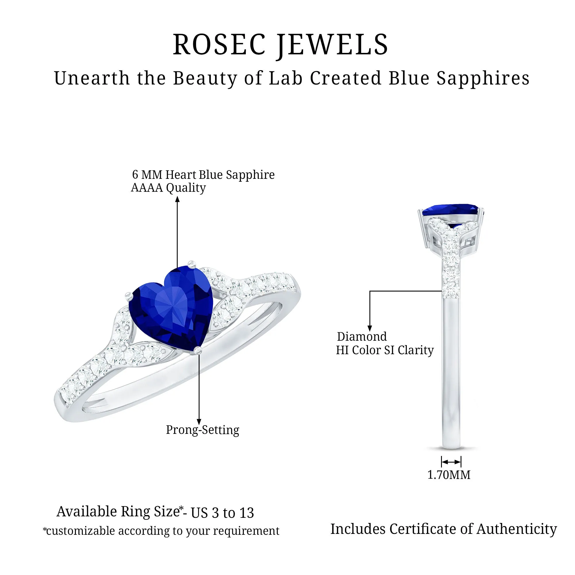 Created Blue Sapphire Heart Engagement Ring With Diamond Accent