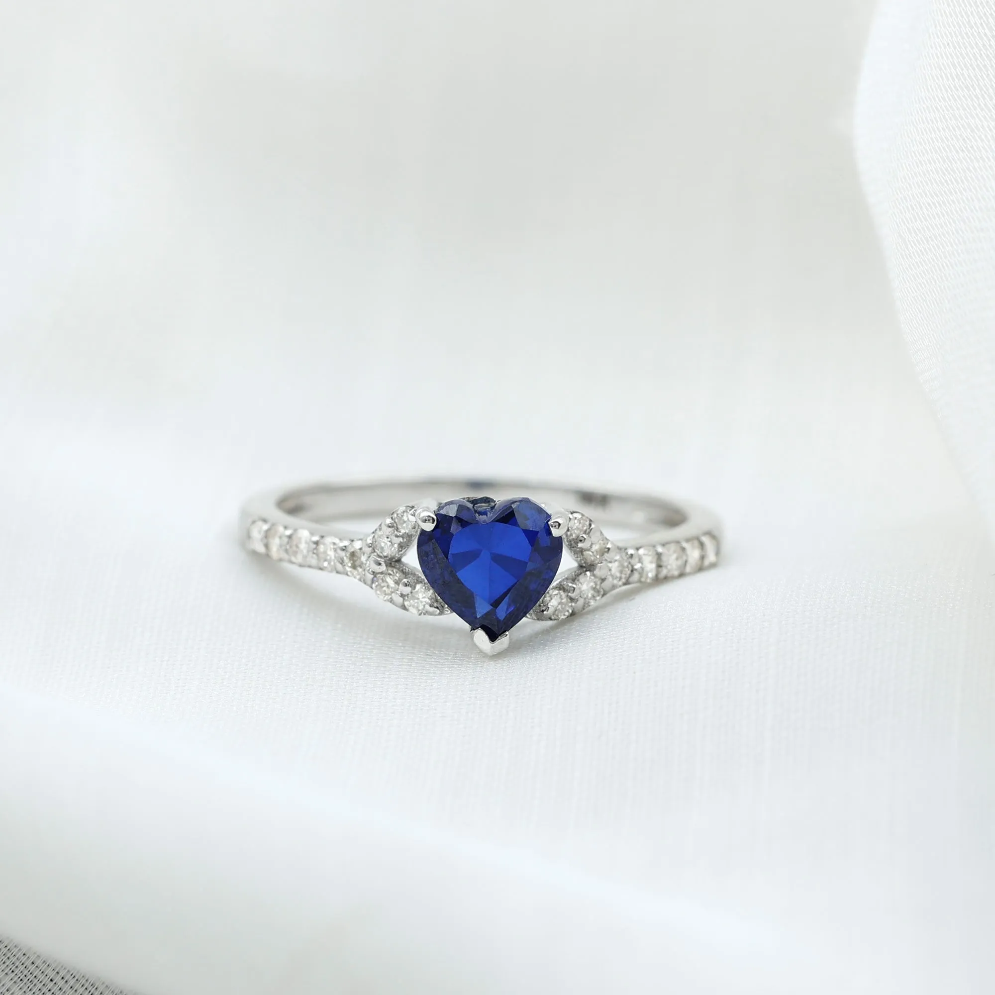 Created Blue Sapphire Heart Engagement Ring With Diamond Accent