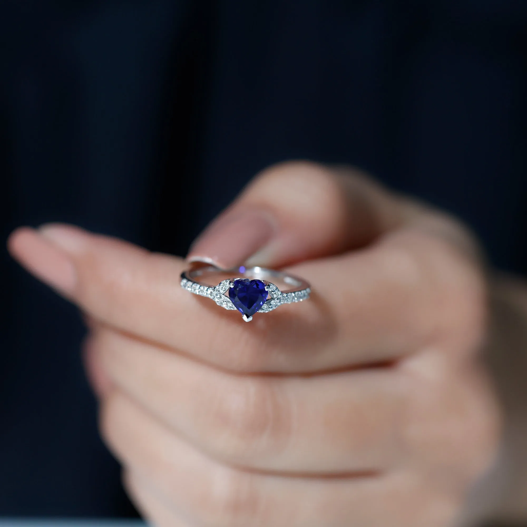 Created Blue Sapphire Heart Engagement Ring With Diamond Accent