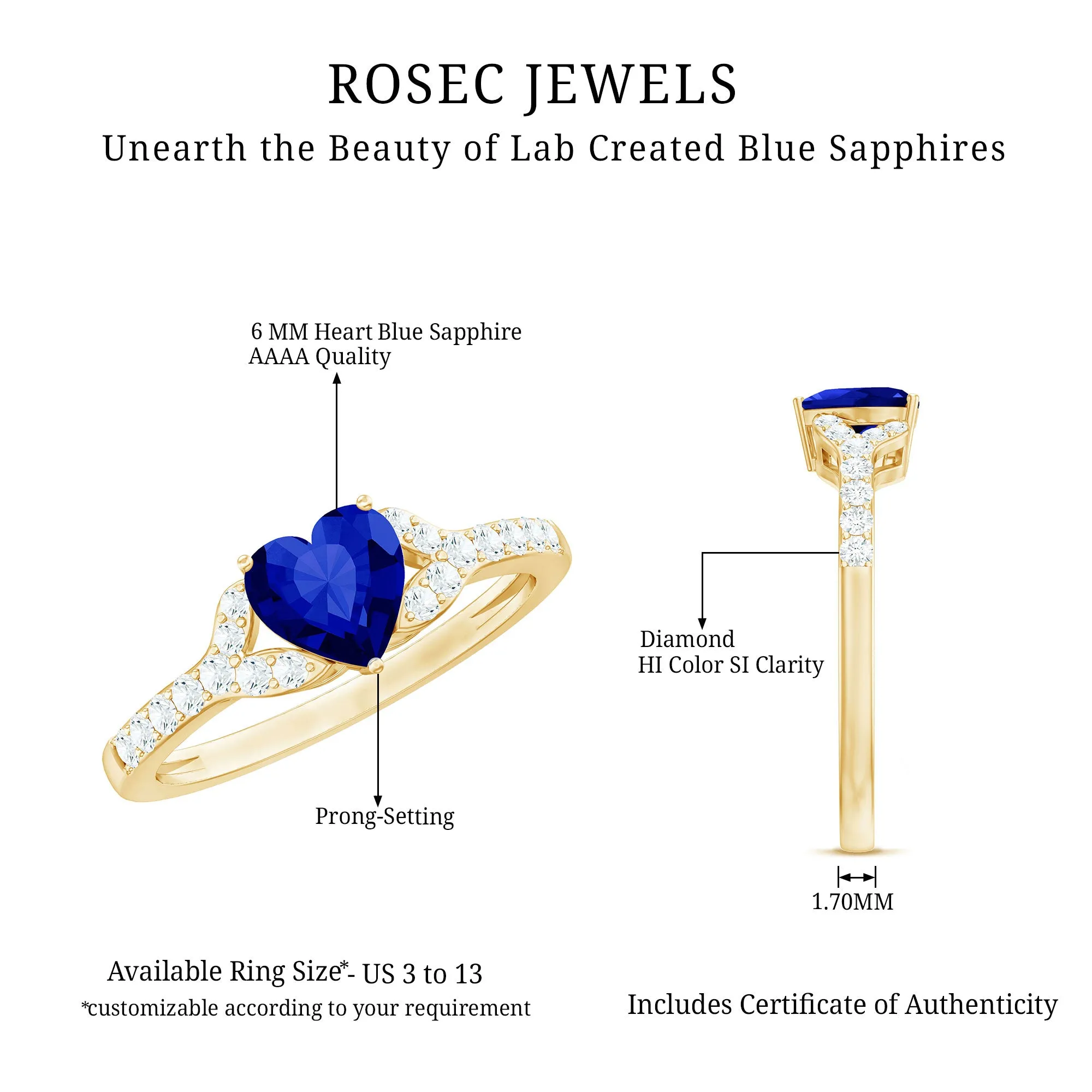 Created Blue Sapphire Heart Engagement Ring With Diamond Accent
