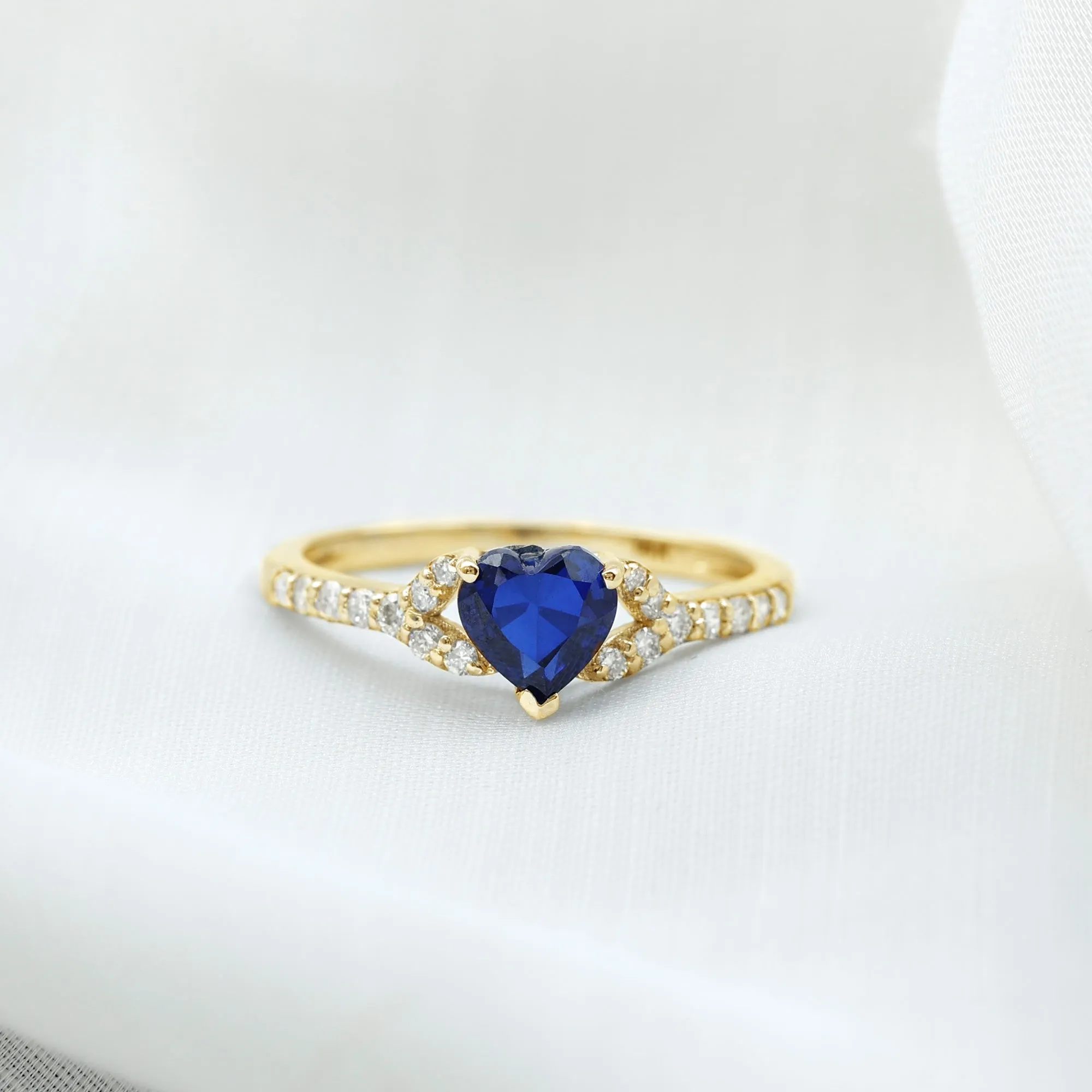 Created Blue Sapphire Heart Engagement Ring With Diamond Accent