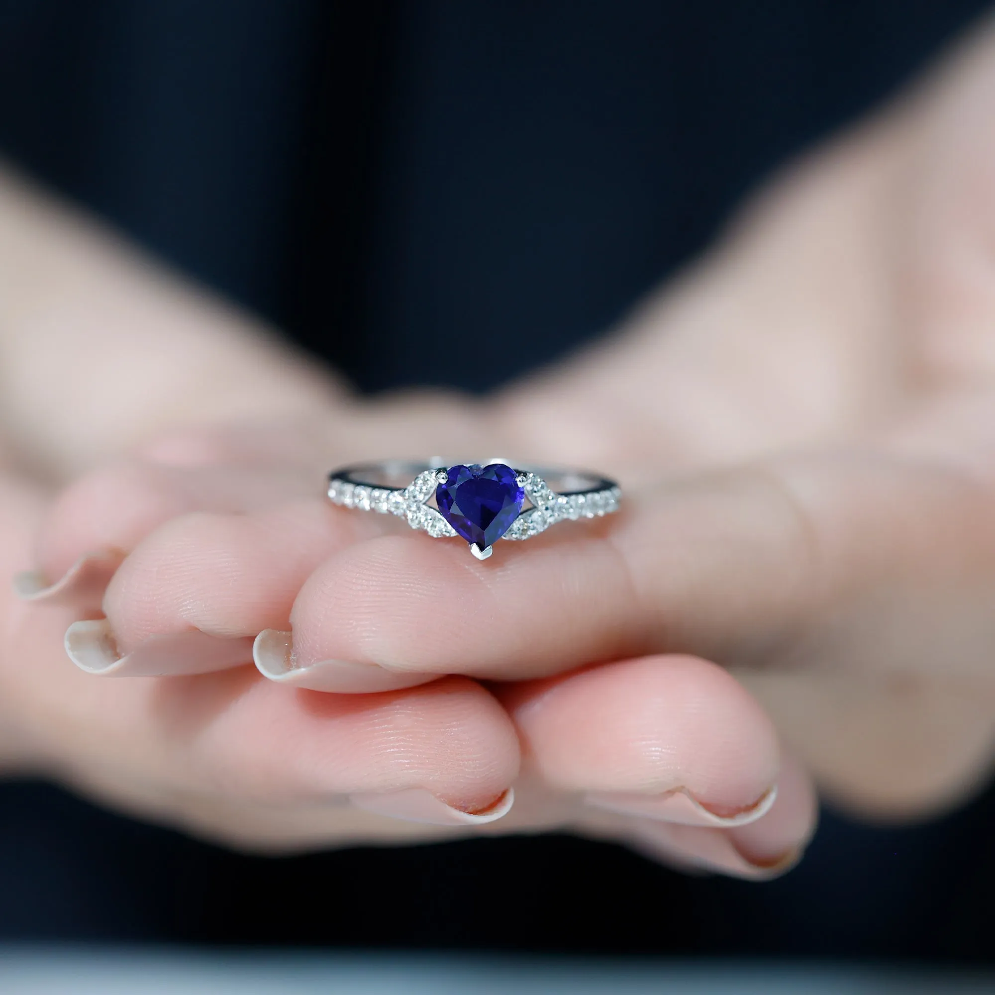 Created Blue Sapphire Heart Engagement Ring With Diamond Accent