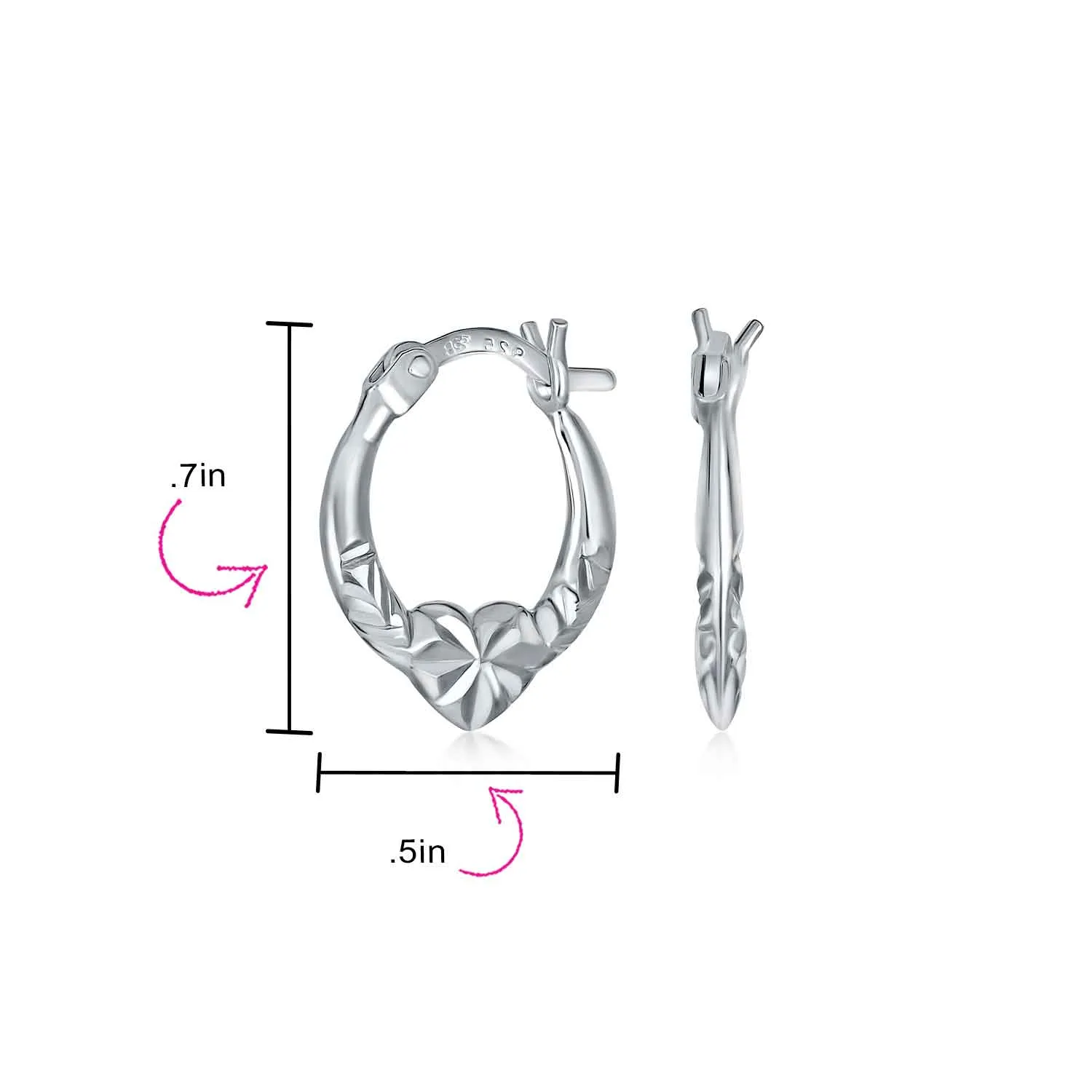 Delicate BFF Love Heart Hoop Huggie Earrings Diamond-Cut Sterling Silver 0.5 Inch