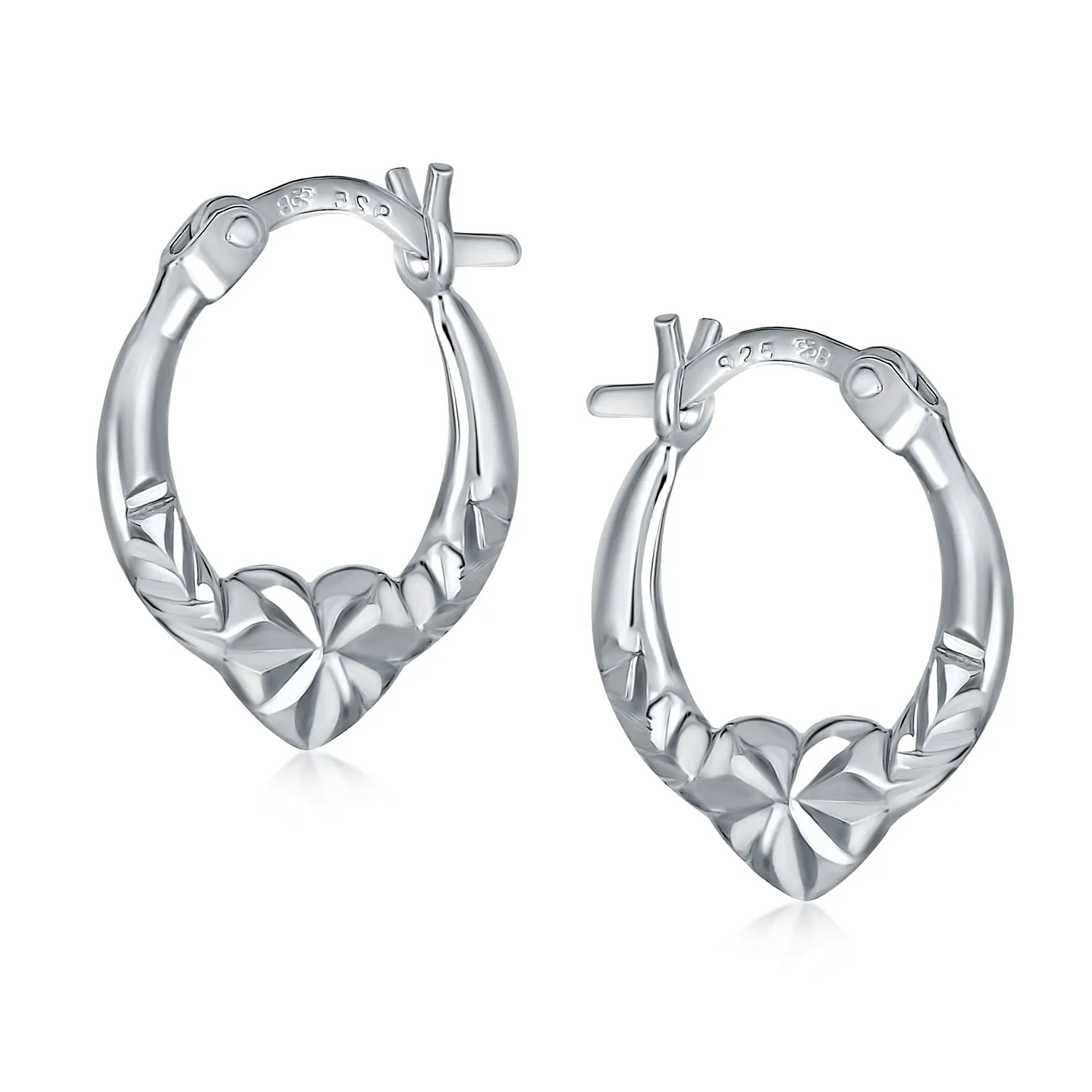 Delicate BFF Love Heart Hoop Huggie Earrings Diamond-Cut Sterling Silver 0.5 Inch