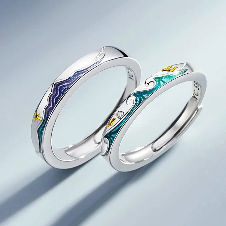 Engraved Ocean Theme Relationship Rings for Couple