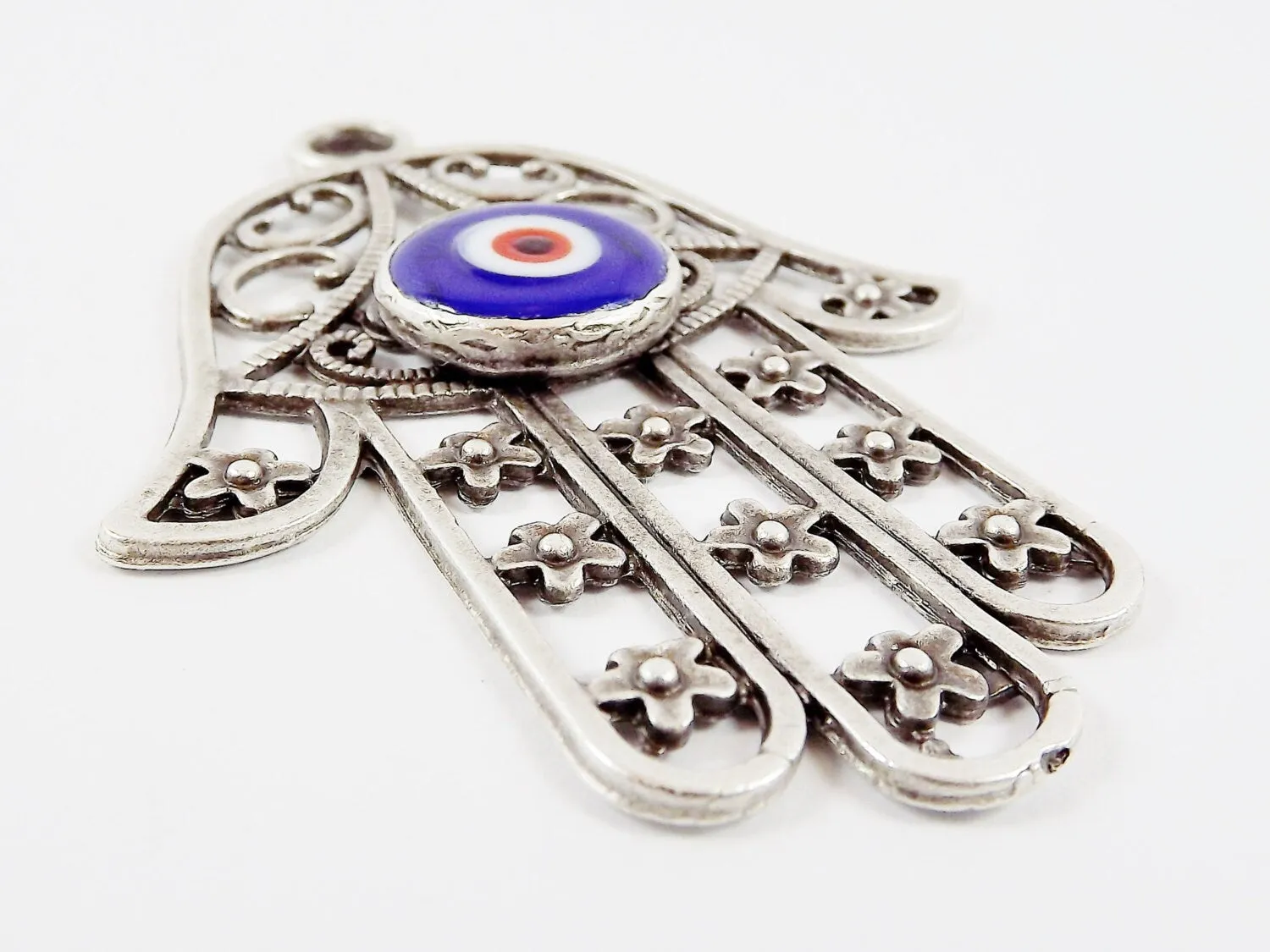 Evil Eye Hamsa Pendant, Blue Evil Eye, Silver Hamsa, Extra Large Hamsa, Hand of Fatima Pendant, Artisan Glass, Matte Antique Silver 1PC