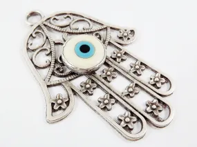 Extra Large Hamsa Hand of Fatima Pendant Creamy White Artisan Glass Evil Eye - Matte Antique Silver Plated - 1PC