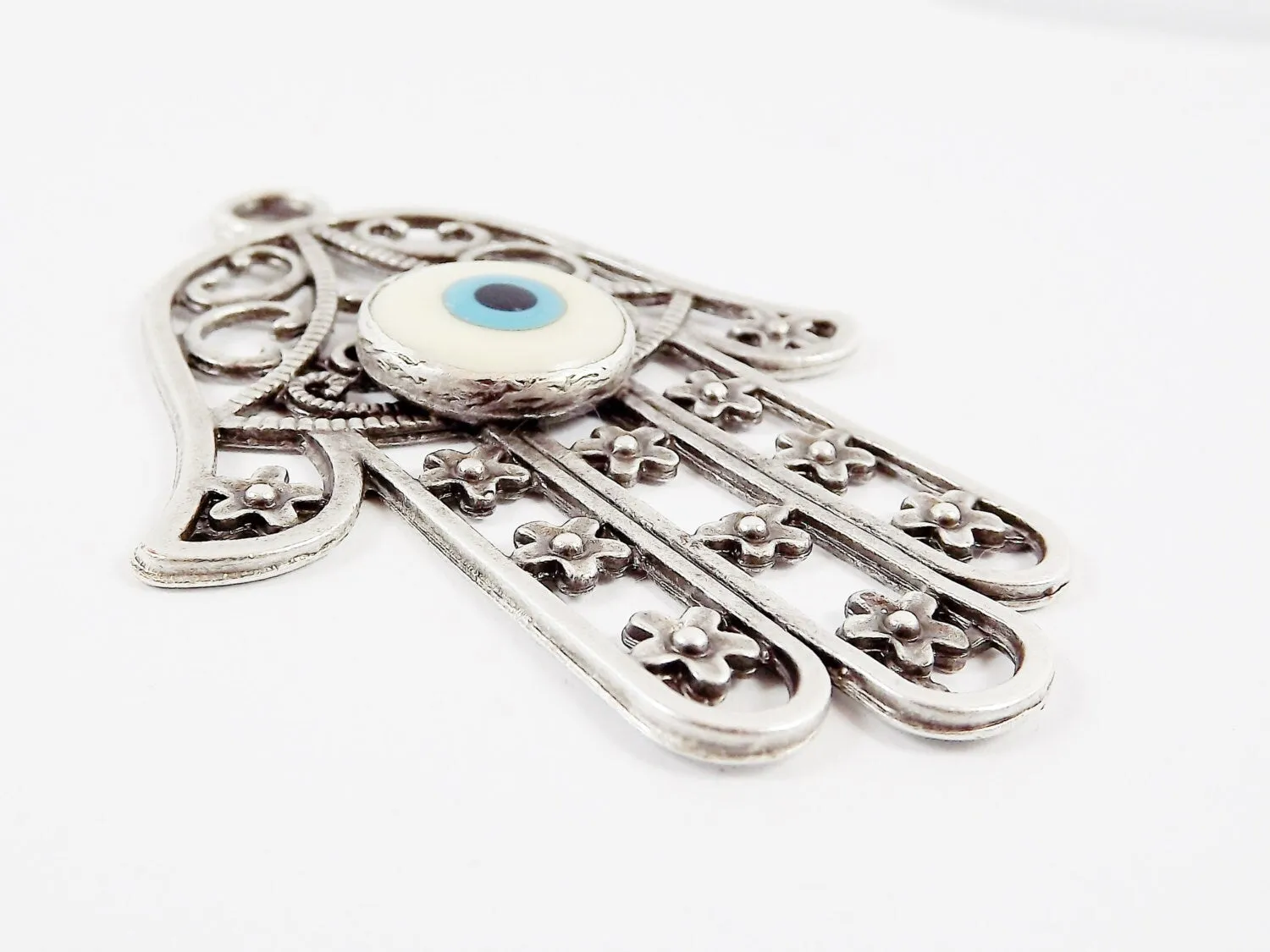 Extra Large Hamsa Hand of Fatima Pendant Creamy White Artisan Glass Evil Eye - Matte Antique Silver Plated - 1PC