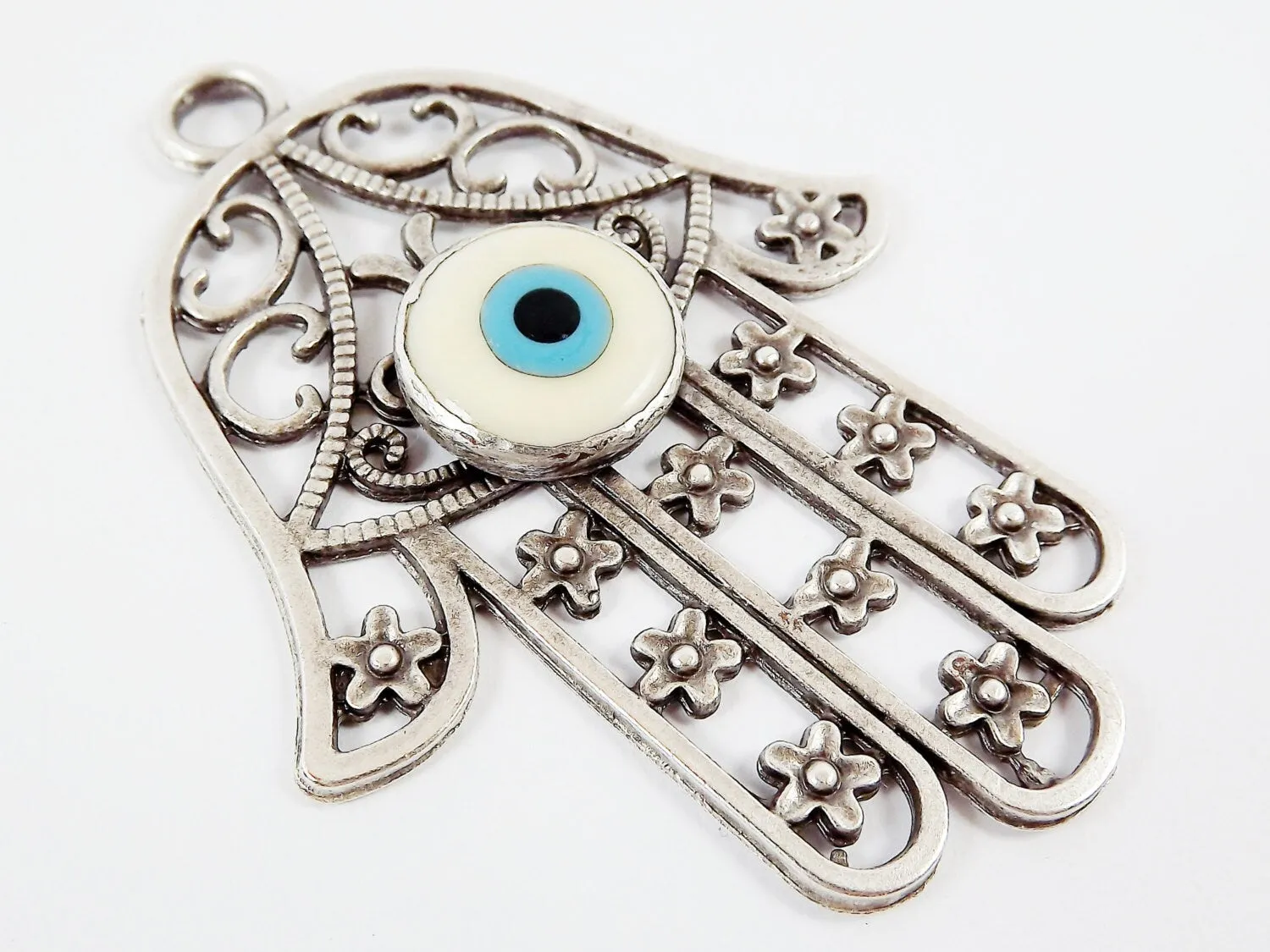 Extra Large Hamsa Hand of Fatima Pendant Creamy White Artisan Glass Evil Eye - Matte Antique Silver Plated - 1PC