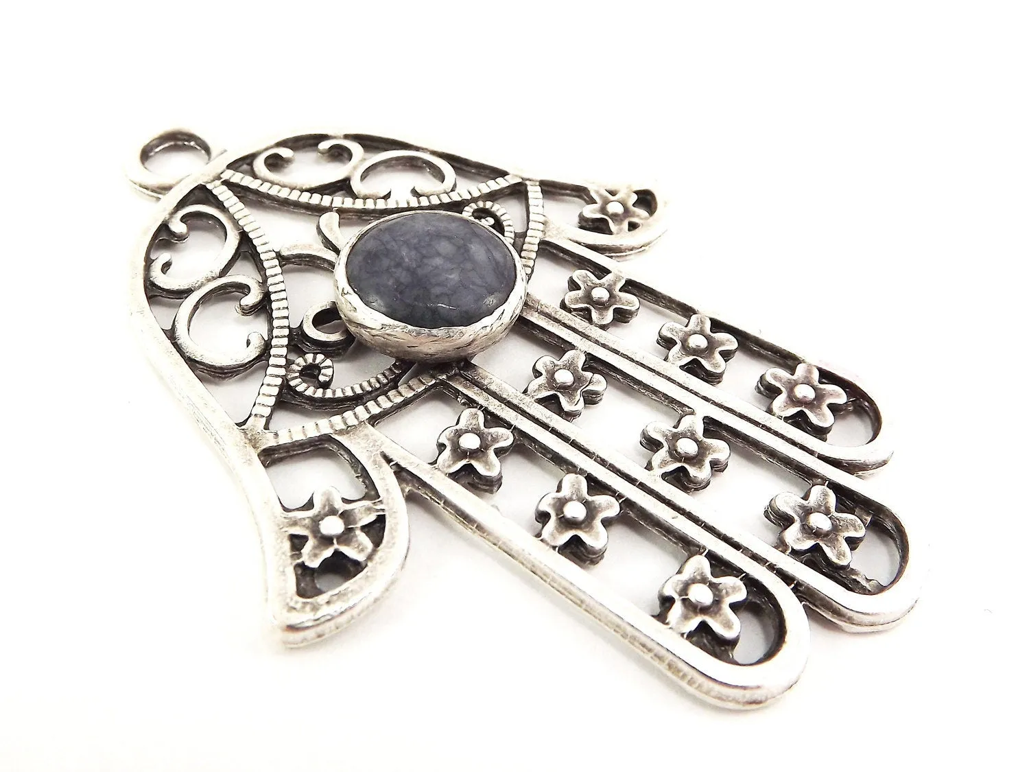 Extra Large Hamsa Hand of Fatima Pendant Round Slate Gray Jade - Matte Anitque Silver Plated - 1PC