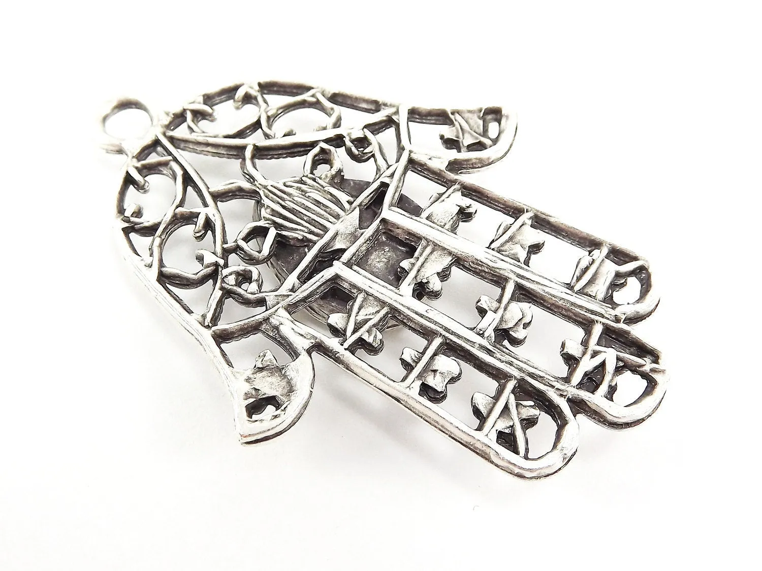 Extra Large Hamsa Hand of Fatima Pendant Round Slate Gray Jade - Matte Anitque Silver Plated - 1PC