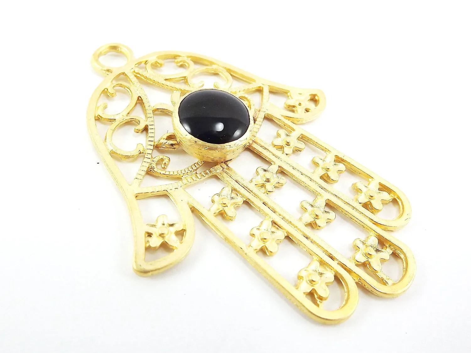 Extra Large Hamsa Hand of Fatima Pendant Smooth Round Black Onyx Stone - 22k Matte Gold Plated - 1PC