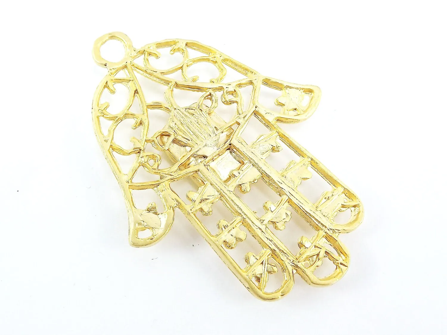 Extra Large Hamsa Hand of Fatima Pendant Smooth Round Black Onyx Stone - 22k Matte Gold Plated - 1PC