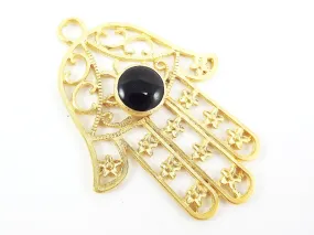 Extra Large Hamsa Hand of Fatima Pendant Smooth Round Black Onyx Stone - 22k Matte Gold Plated - 1PC