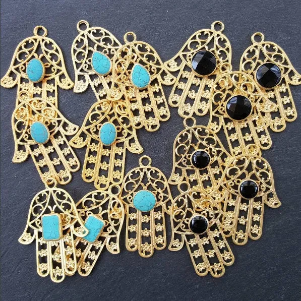 Extra Large Hamsa Hand of Fatima Pendant Smooth Round Black Onyx Stone - 22k Matte Gold Plated - 1PC