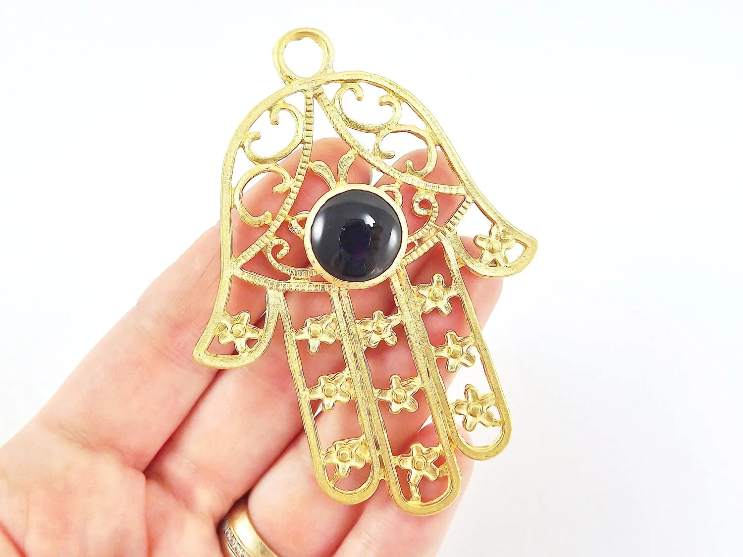 Extra Large Hamsa Hand of Fatima Pendant Smooth Round Black Onyx Stone - 22k Matte Gold Plated - 1PC