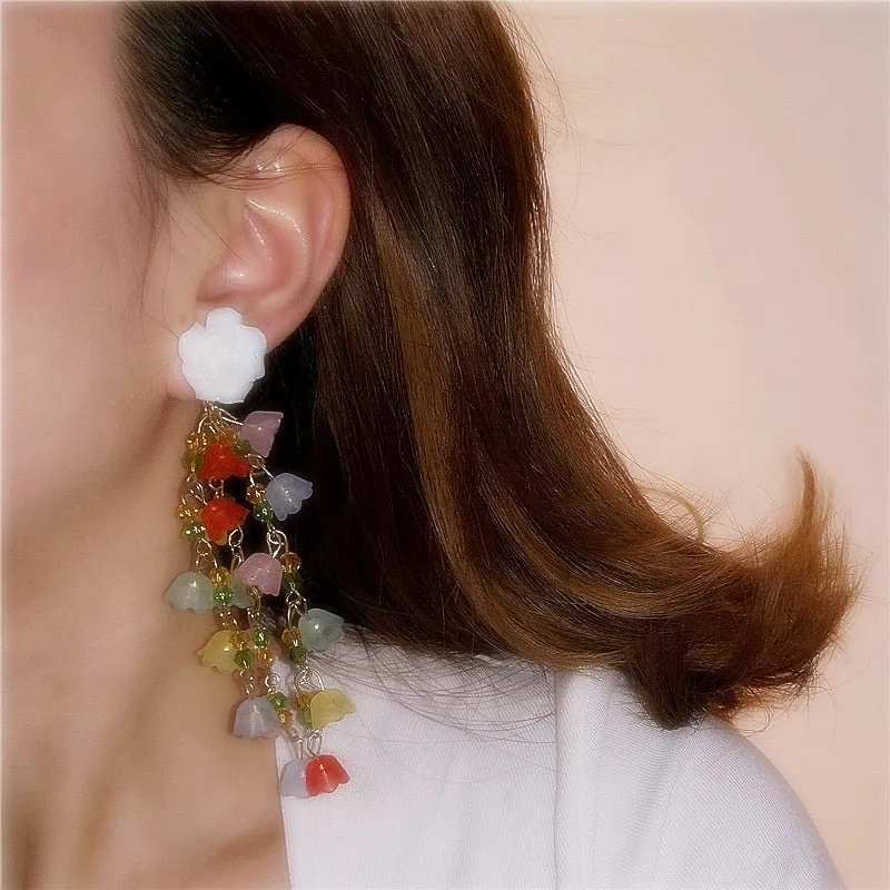 Fashion Romantic Strands Flowers Long Drop Earrings For Women