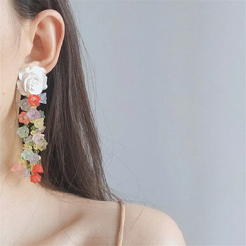 Fashion Romantic Strands Flowers Long Drop Earrings For Women