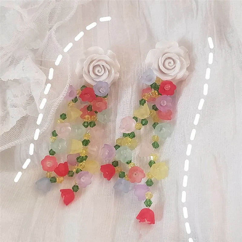 Fashion Romantic Strands Flowers Long Drop Earrings For Women
