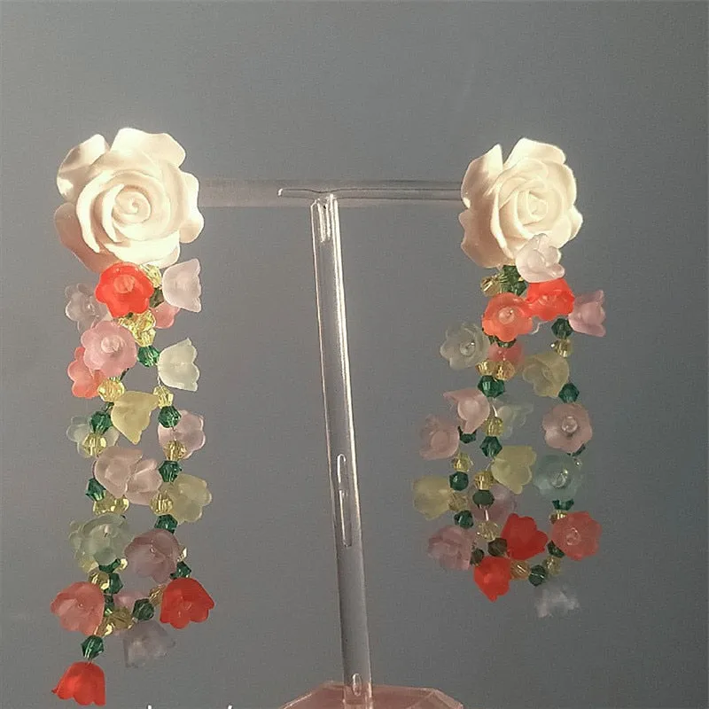 Fashion Romantic Strands Flowers Long Drop Earrings For Women