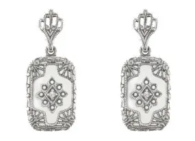Filigree Crystal and Diamonds Art Deco Earrings in Sterling Silver