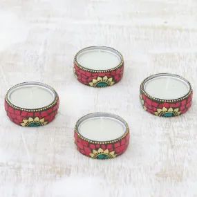 Floral Brass and Resin Tealight Holders in Red (Set of 4) - Floral Glow in Red | NOVICA