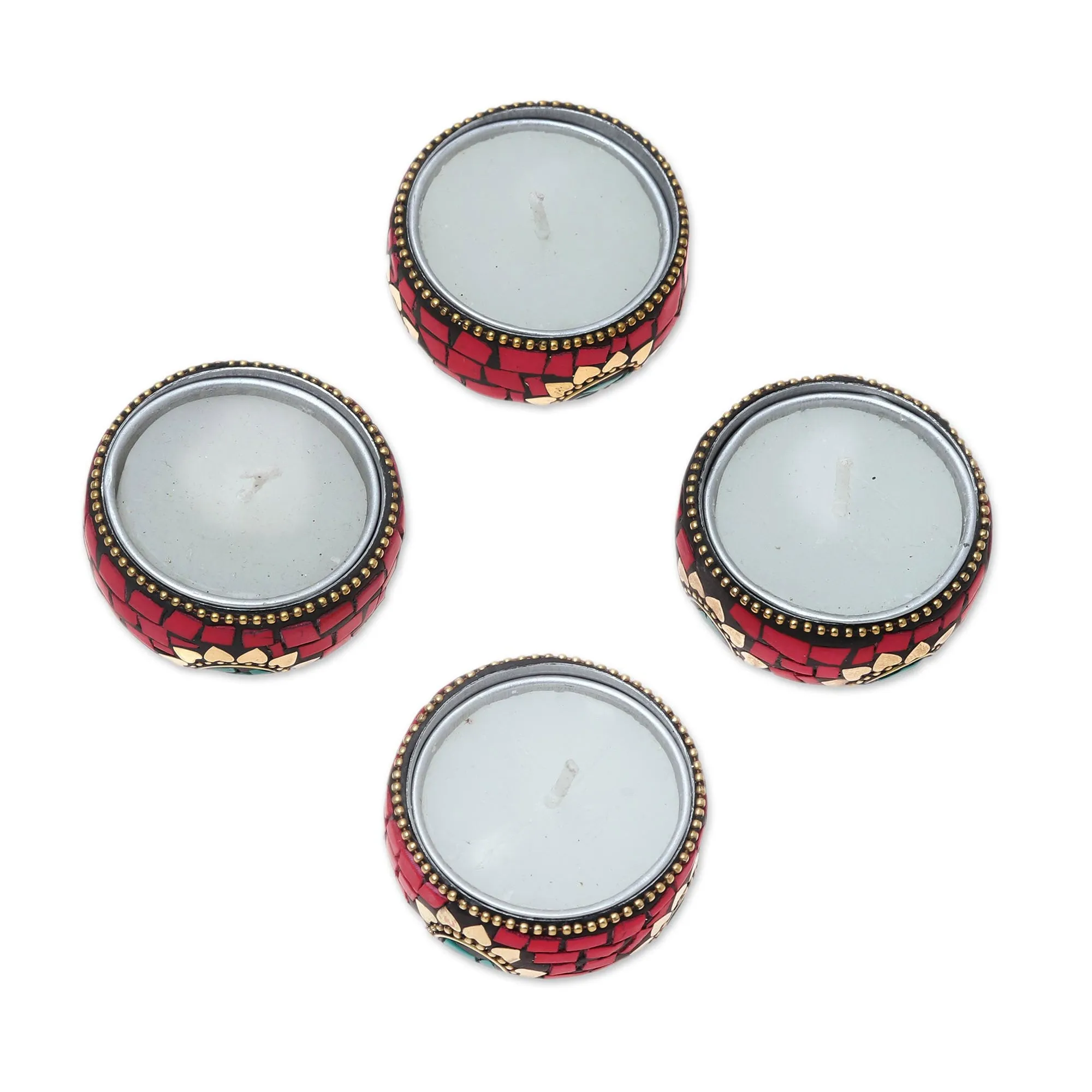 Floral Brass and Resin Tealight Holders in Red (Set of 4) - Floral Glow in Red | NOVICA