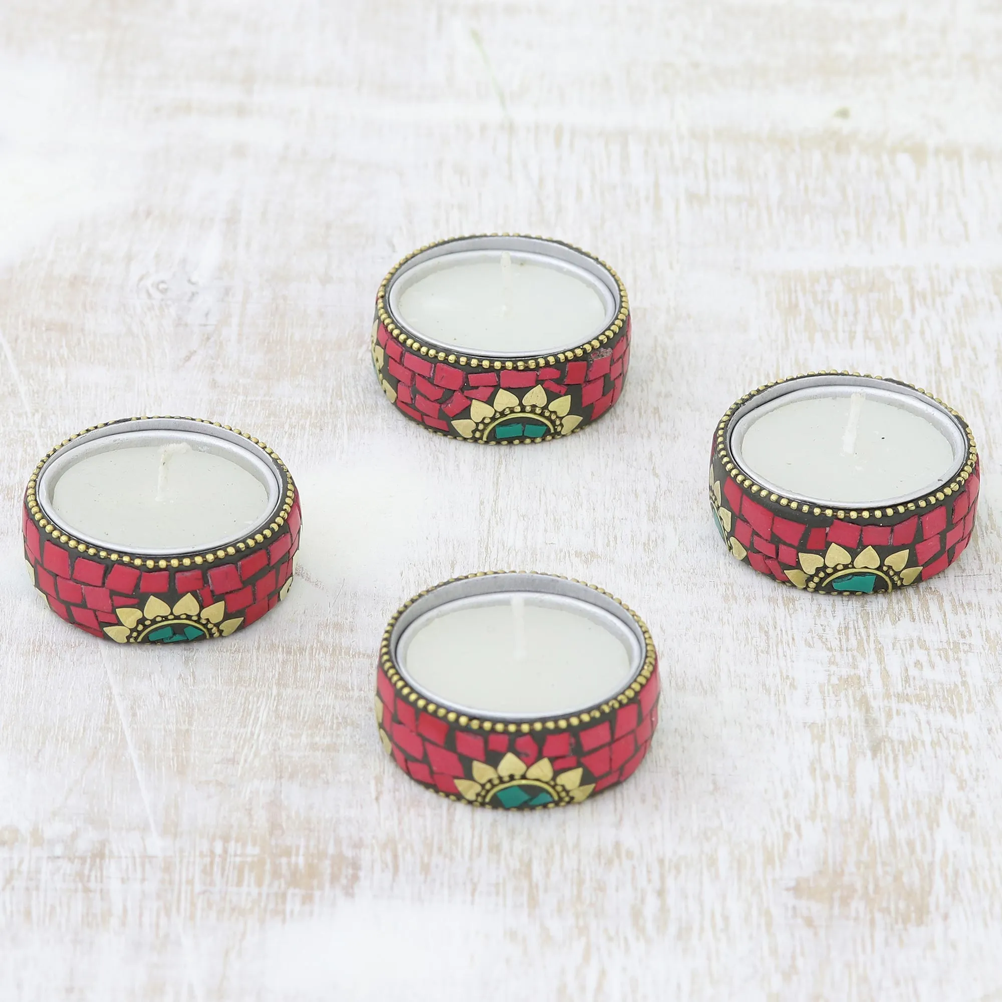 Floral Brass and Resin Tealight Holders in Red (Set of 4) - Floral Glow in Red | NOVICA