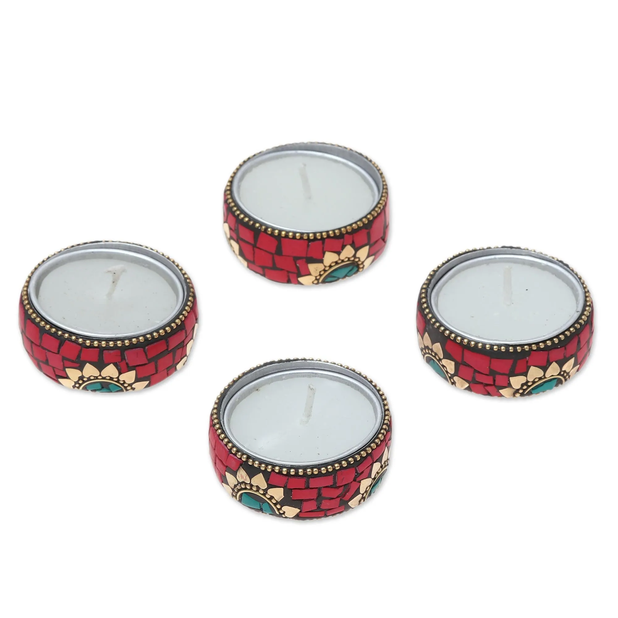 Floral Brass and Resin Tealight Holders in Red (Set of 4) - Floral Glow in Red | NOVICA