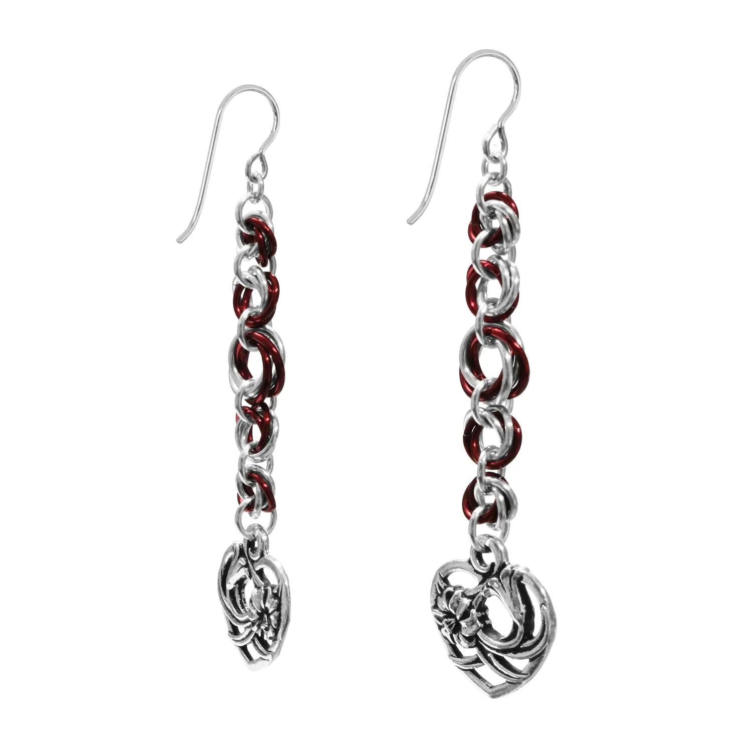 Floral Heart Chainmail Earrings / 76mm length / sterling silver earwires