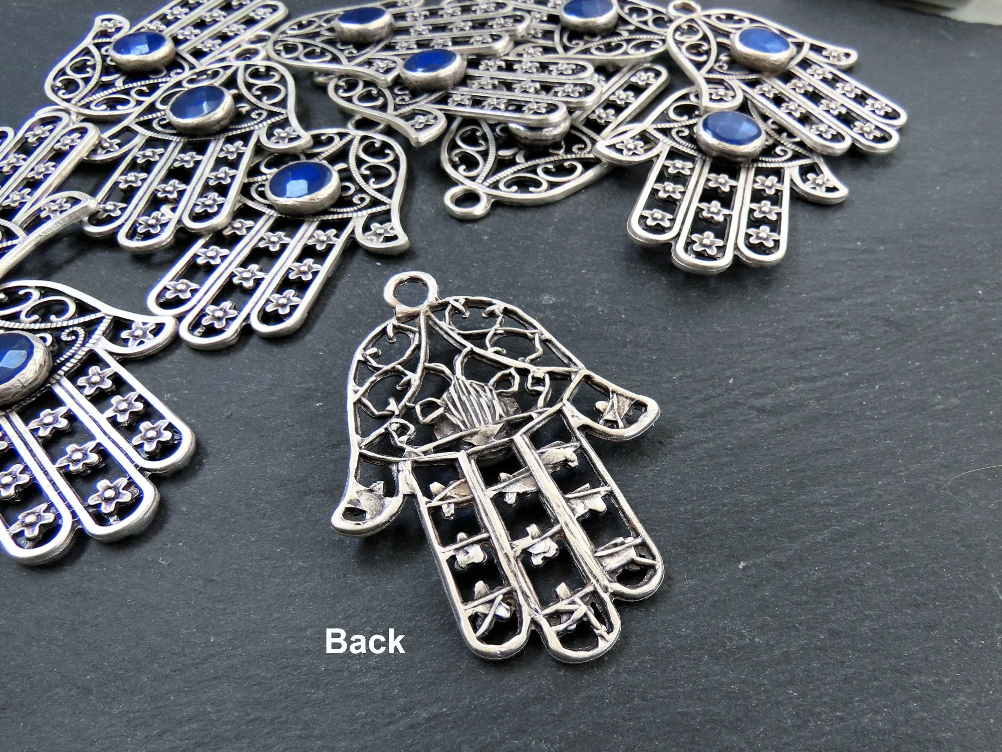 Hand Of Fatima Hamsa Hand Pendant with Round Blue Jade Stone, Large Hamsa Pendant, Hamsa Wall Hanging, Matte Antique Silver Plated, 1PC