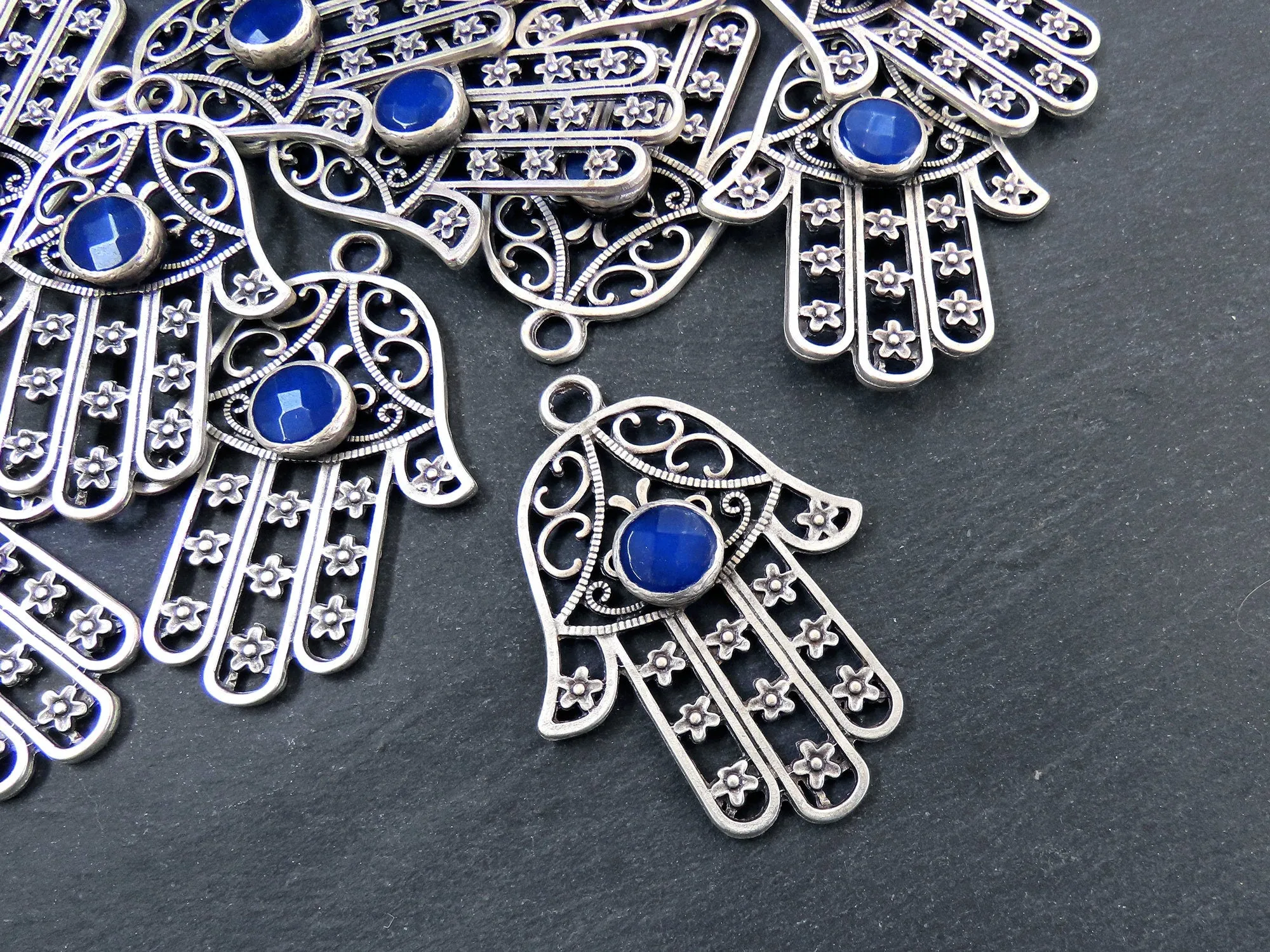 Hand Of Fatima Hamsa Hand Pendant with Round Blue Jade Stone, Large Hamsa Pendant, Hamsa Wall Hanging, Matte Antique Silver Plated, 1PC