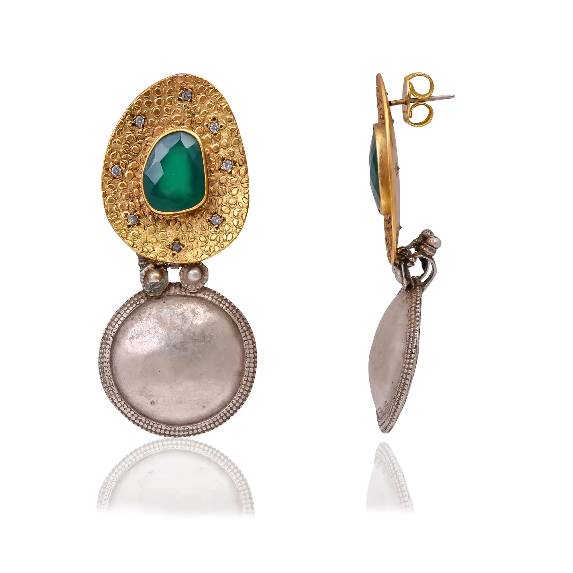 Handcrafted Silver Oxidised Green Onyx/Zircon Earring