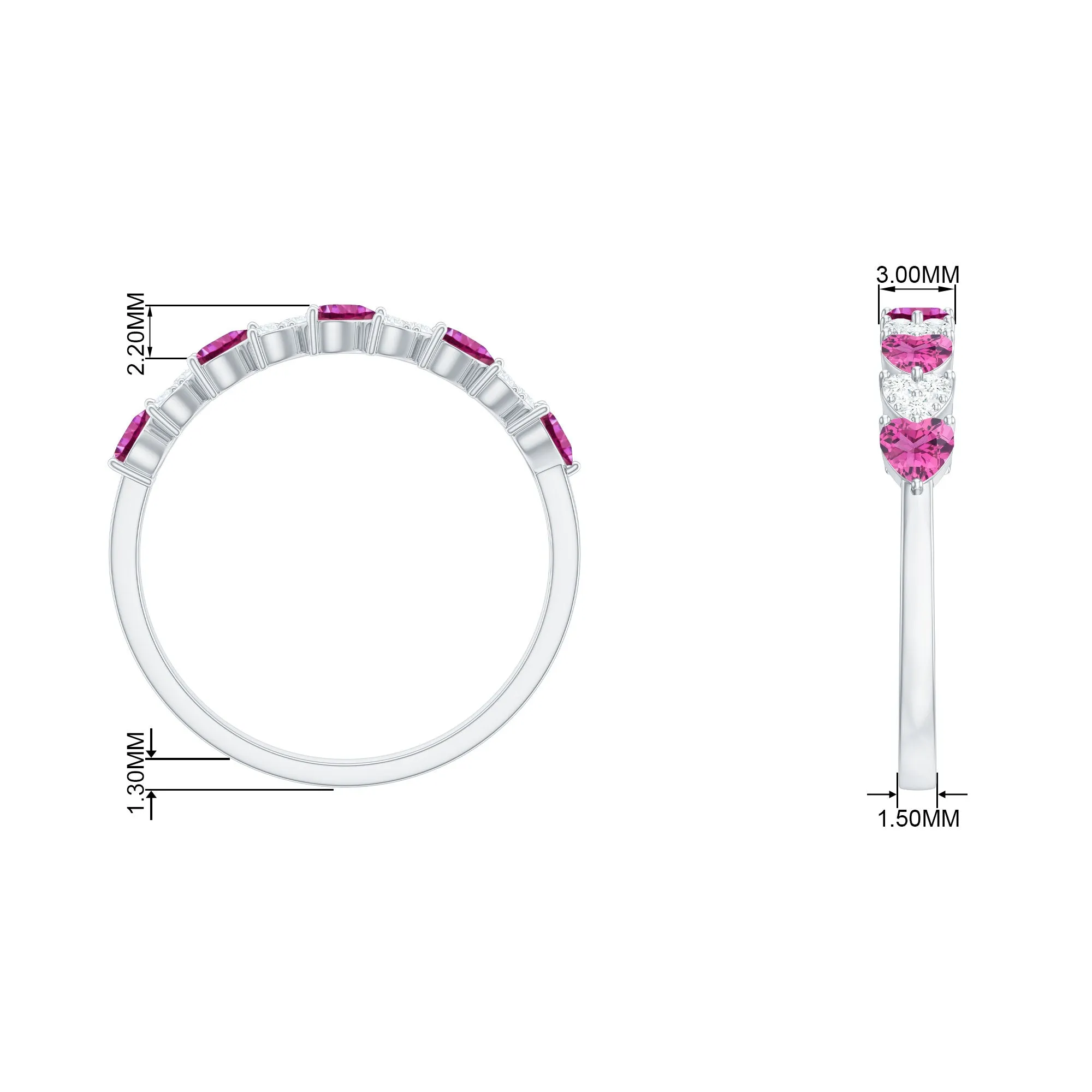 Heart Shape Half Eternity Ring with Pink Tourmaline and Diamond