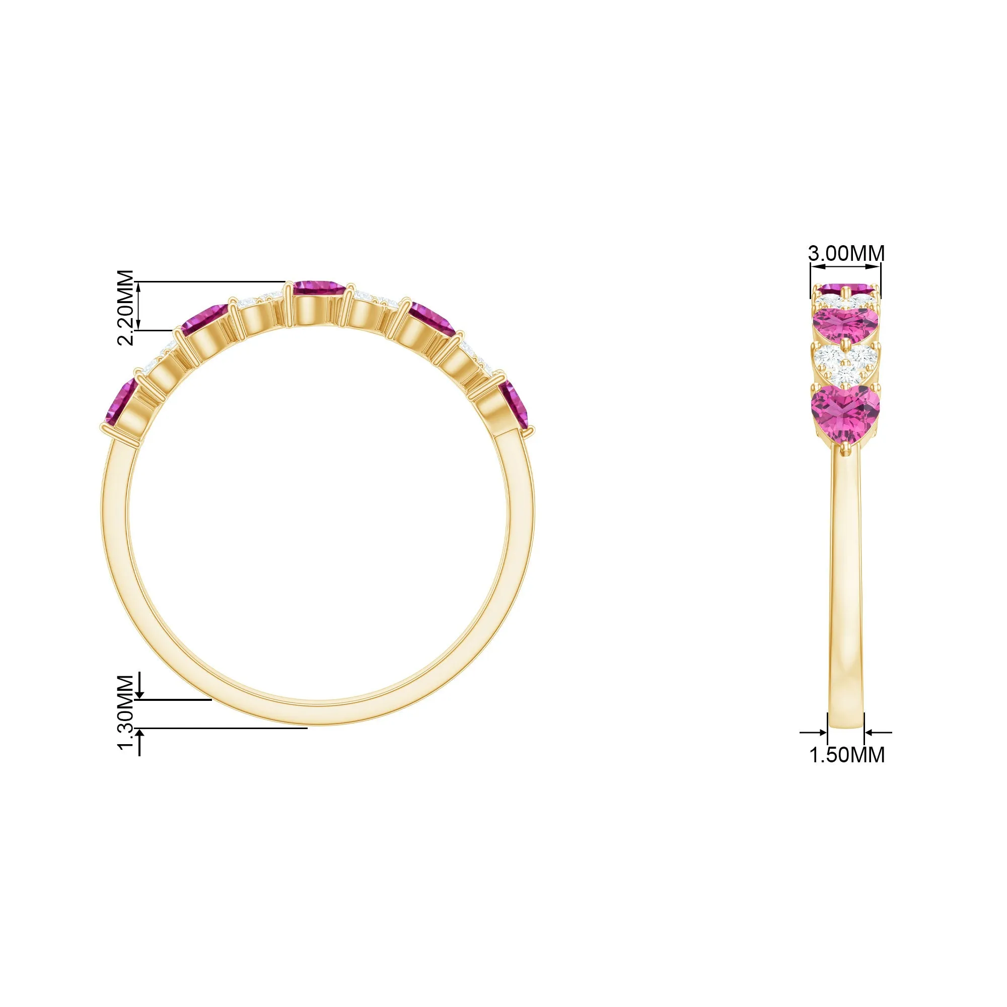 Heart Shape Half Eternity Ring with Pink Tourmaline and Diamond