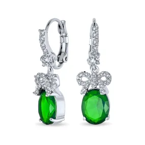 Holiday Bridal Vintage Dangle Chandelier Earrings with CZ Gemstone Ribbon Bow