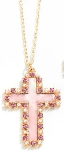 Iridescent Cross Pendant Necklace with Pearl and Rhinestone Border