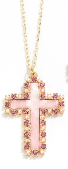 Iridescent Cross Pendant Necklace with Pearl and Rhinestone Border