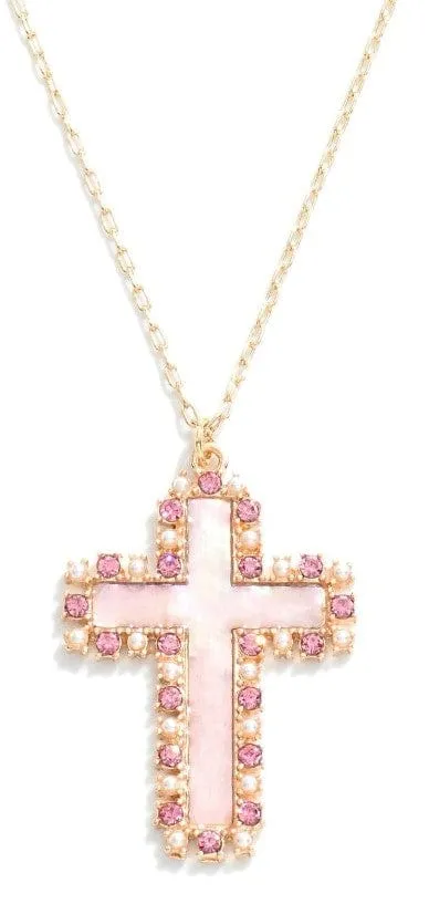 Iridescent Cross Pendant Necklace with Pearl and Rhinestone Border