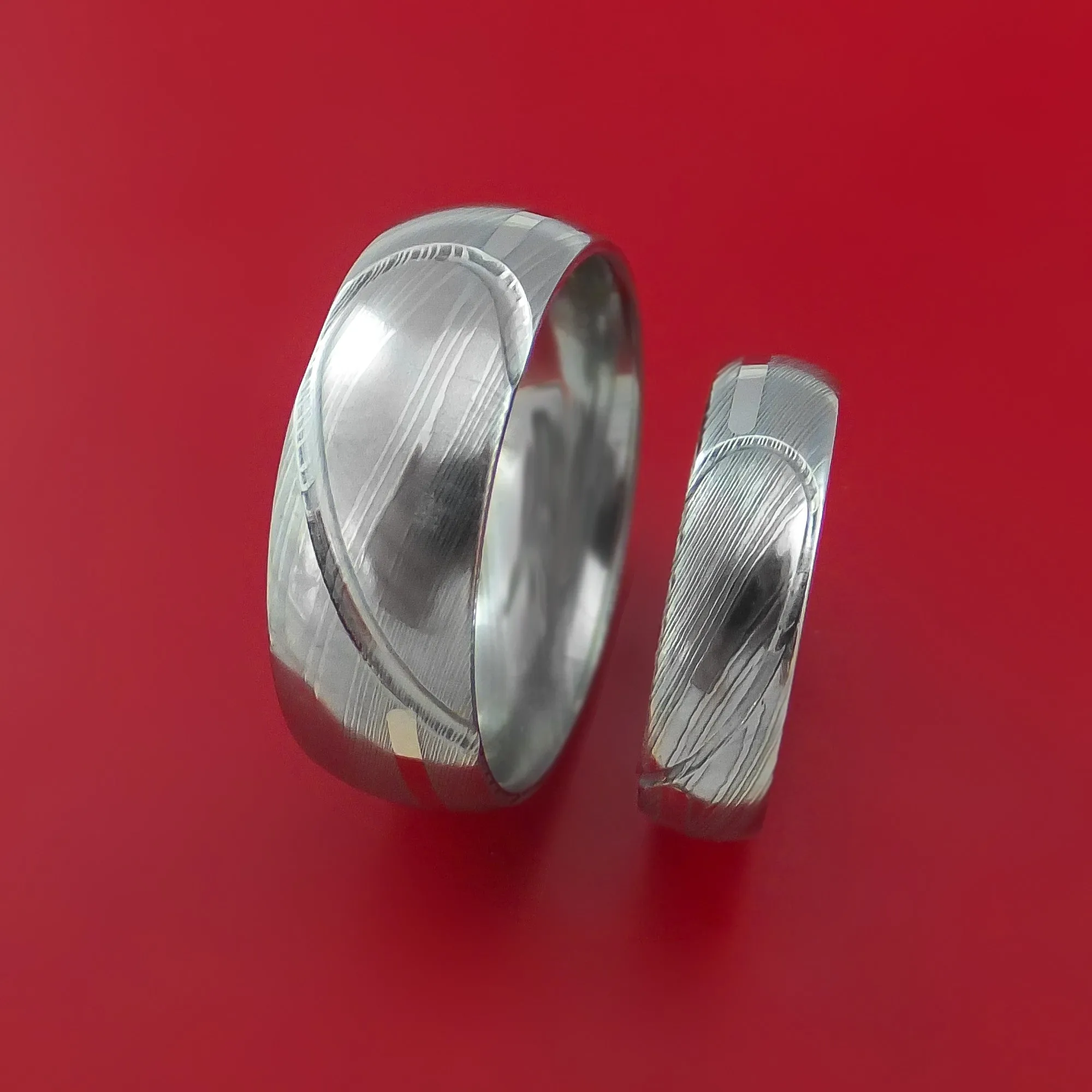 Matching Damascus Steel Heart Carved Ring Set with PLATINUM Inlays Wedding Bands Genuine Craftsmanship