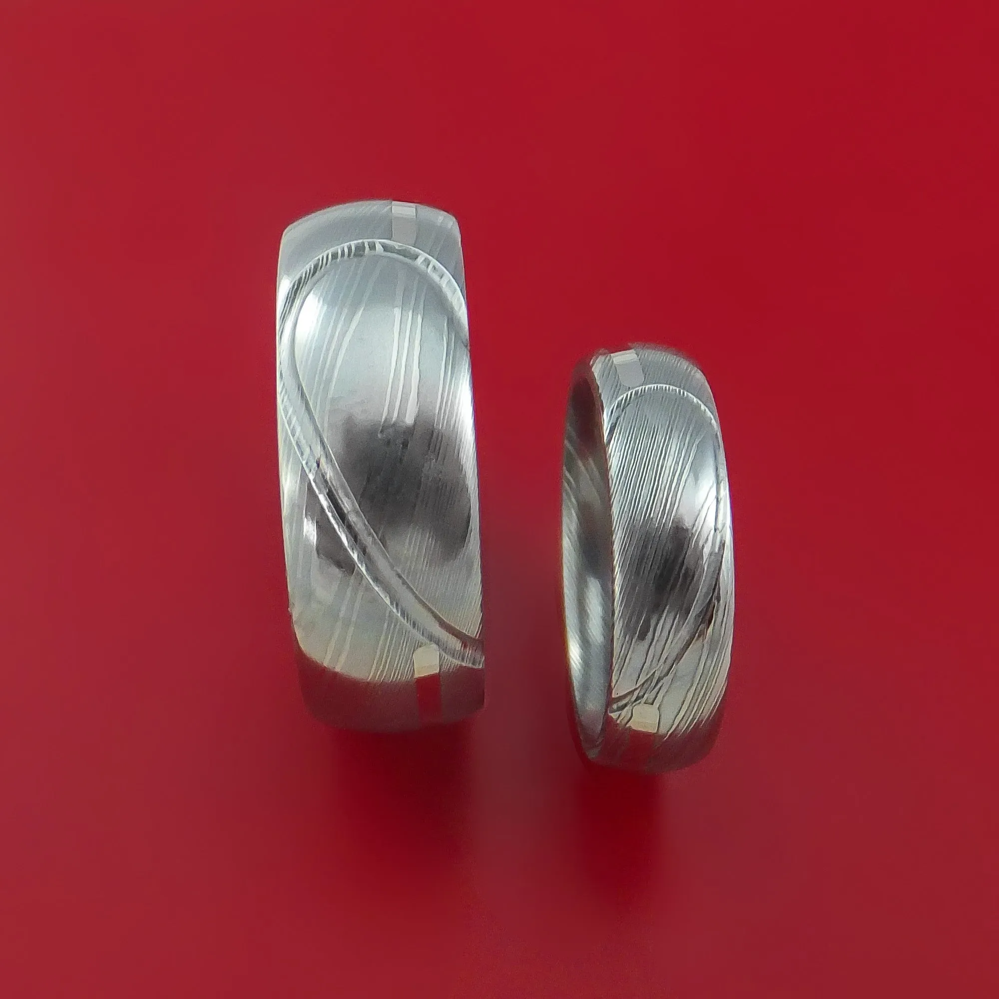 Matching Damascus Steel Heart Carved Ring Set with PLATINUM Inlays Wedding Bands Genuine Craftsmanship