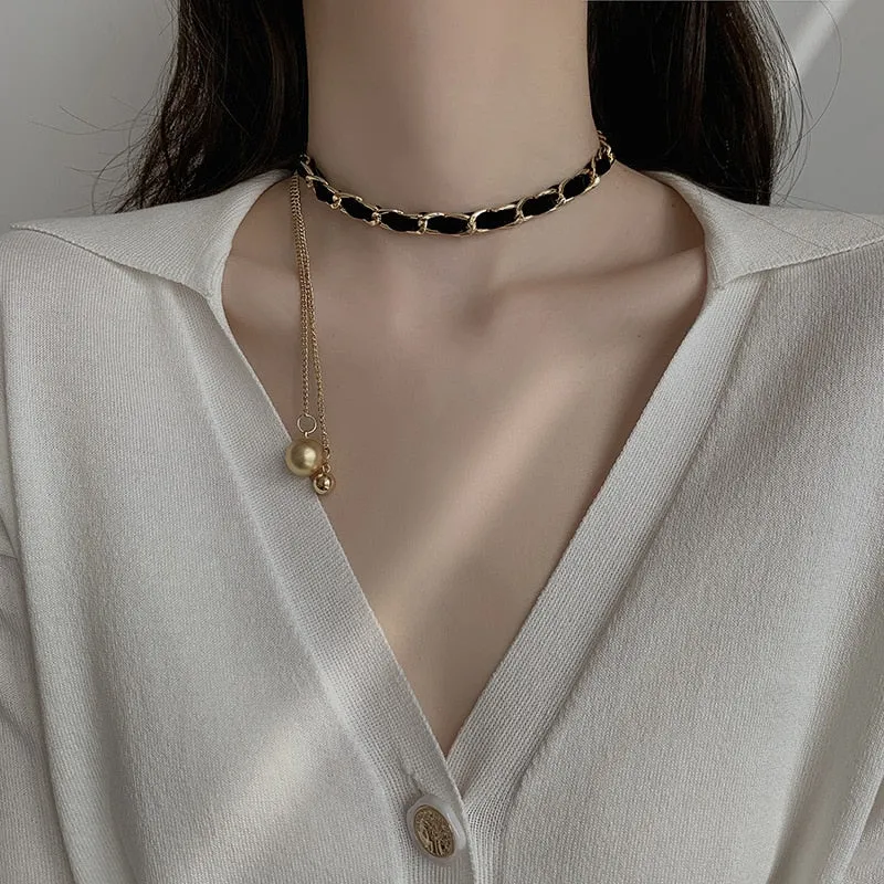 Necklaces Charm Jewelry Leather Choker Statement Metal Ball #ET501