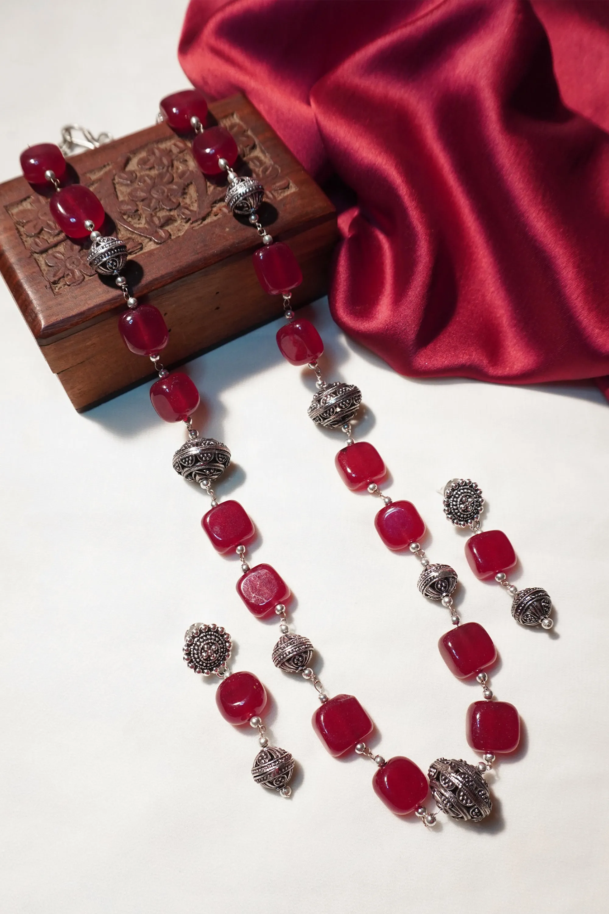 Pink Beads Oxidized Necklace With Earrings